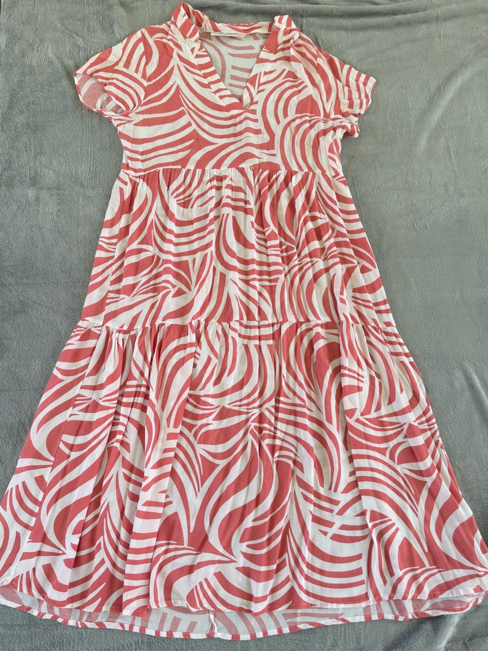 Maxi Dress Inner Circle Womens XL Coral Pink White Abstract Print Tiered Rayon